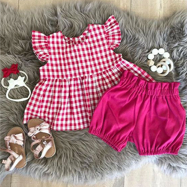 Baby Girls Gingham Magenta Pink Top and Shorts Set