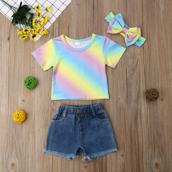 Three Piece Baby Girls Infant Denim Shorts Outfit 