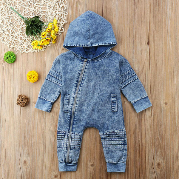 Baby Boys Hooded Denim Jumpsuit